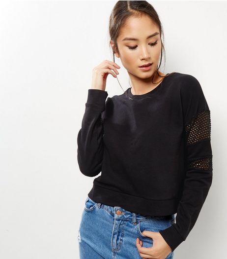 Black Mesh Panel Long Sleeve Cropped Sweater | New Look