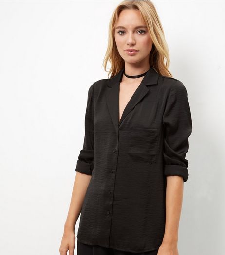 Black Sateen Single Pocket Pyjama Shirt | New Look