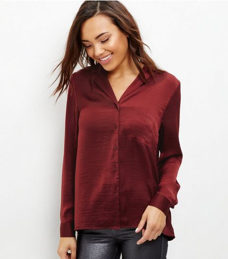 Burgundy Sateen Single Pocket Pyjama Shirt | New Look