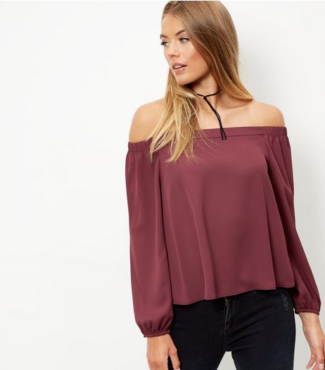 Dark Purple Bardot Neck Long Sleeve Top | New Look