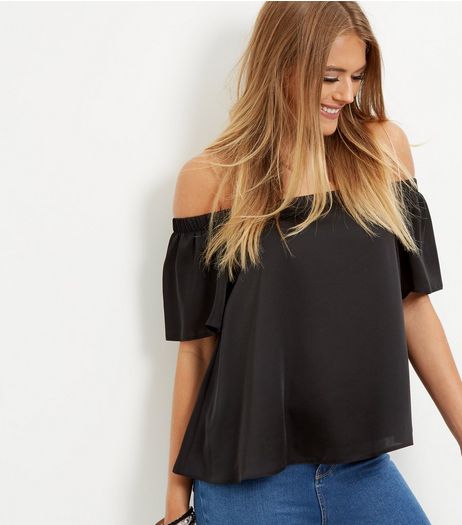 Black Sateen Bardot Neck Top | New Look