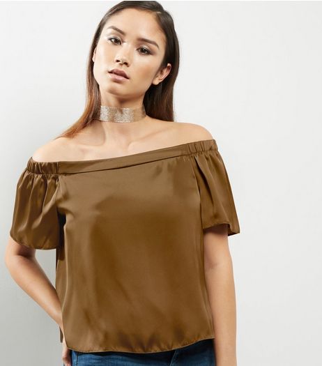 Olive Green Sateen Bardot Neck Top | New Look