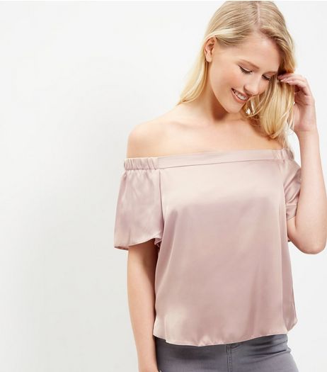 Mid Pink Sateen Bardot Neck Top | New Look