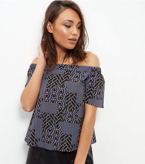 Blue Abstract Print Bardot Neck Top | New Look