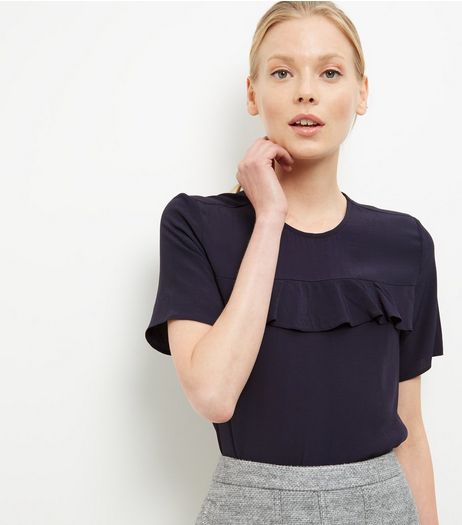 Navy Ruffle Trim T-Shirt | New Look