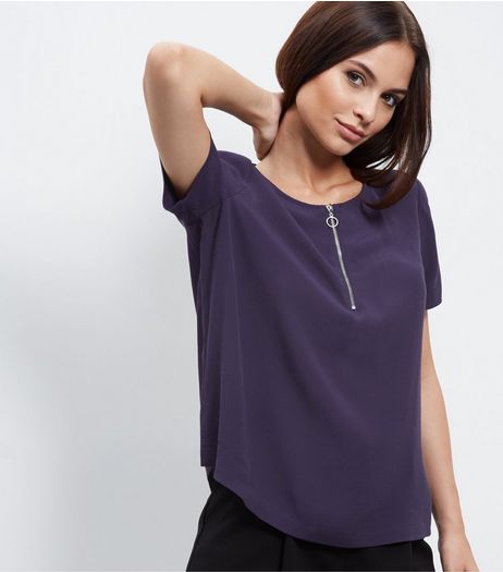 Navy Ring Zip Front T-Shirt | New Look