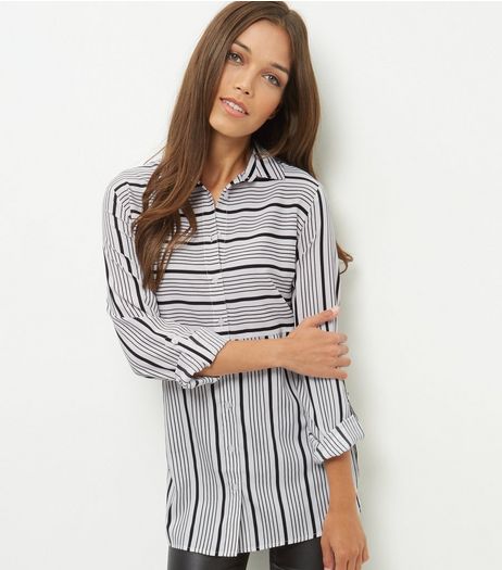 White Contrast Stripe Roll Sleeve Longline Shirt | New Look