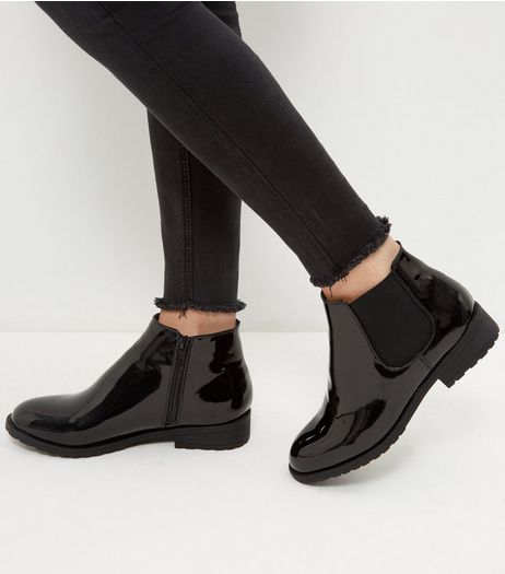 Wide Fit Black Patent Chelsea Boots | New Look