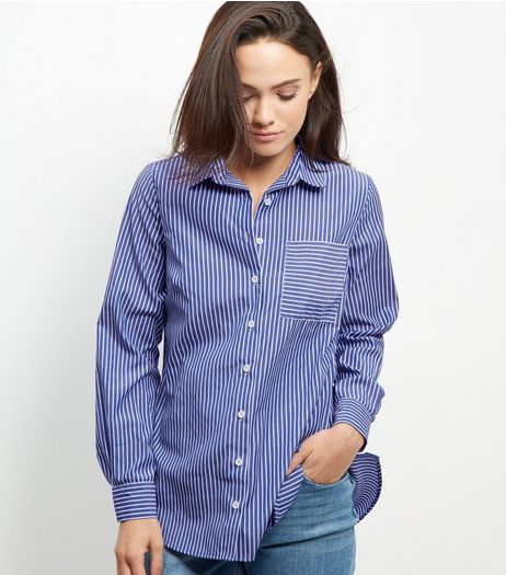 Blue Stripe Longline Shirt | New Look