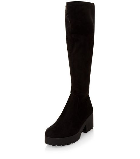 Teens Black Suedette Cleated Sole Knee High Boots | New Look