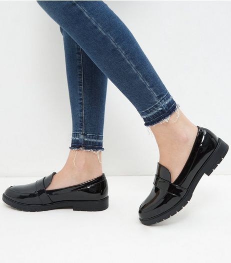 Wide Fit Black Patent Chunky Loafers | New Look