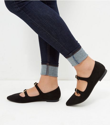 Wide Fit Black Double Strap Pointed Pumps | New Look