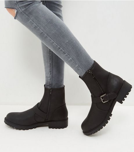 Wide Fit Black Double Buckle Biker Boots | New Look