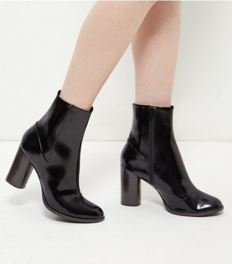 Black Patent Block Heel Ankle Boots | New Look