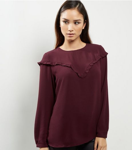 Dark Purple Frill Trim Long Sleeve Top | New Look