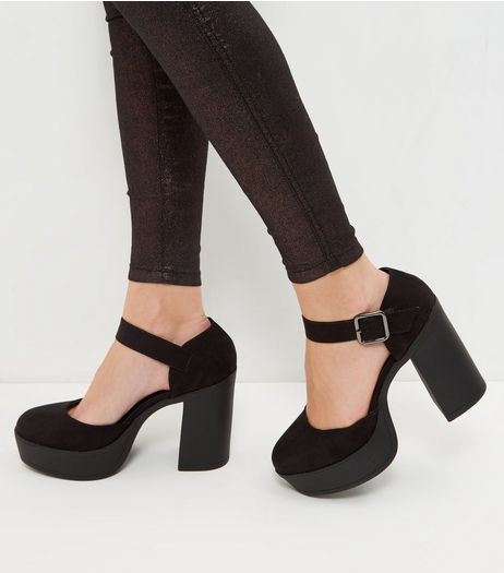 Wide Fit Black Suedette Ankle Strap Block Heels | New Look