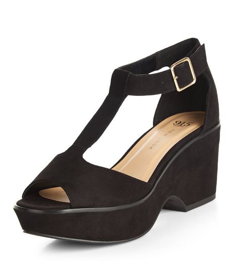Teens Black Suedette Peep Toe Wedges | New Look