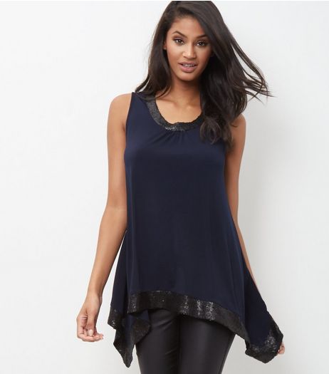 Mela Navy Sequin Trim Sleeveless Top | New Look