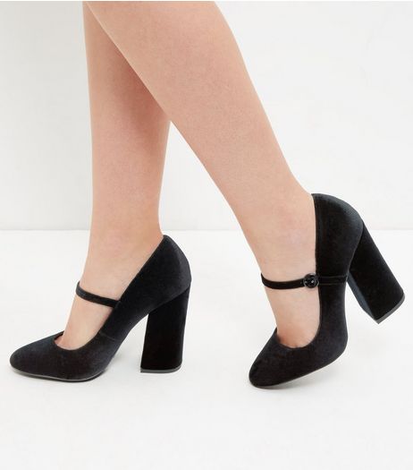 Black Velvet Block Heel Court Shoes | New Look