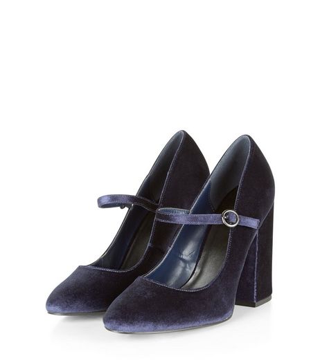 Navy Velvet Block Heel Court Shoes | New Look