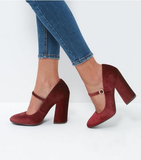 Dark Red Velvet Block Heel Court Shoes | New Look