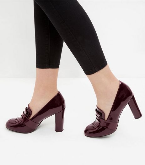 Dark Red Patent Block Heel Loafers | New Look