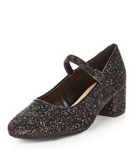 Black Glitter Strap Front Court Shoes | New Look