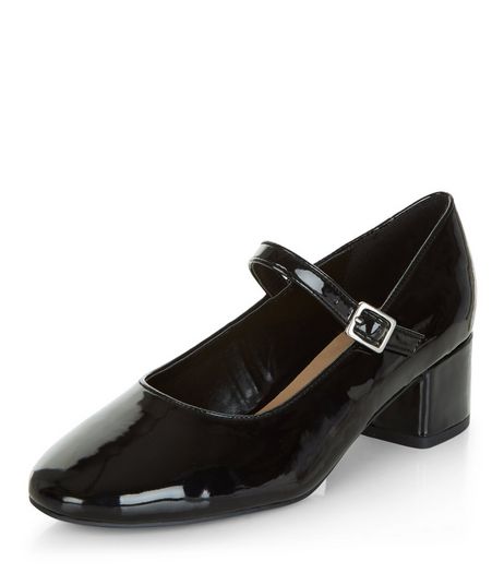Black Patent Strap Front Court Shoes | New Look