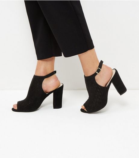 Black Comfort Suedette Laser Cut Out Block Heels | New Look