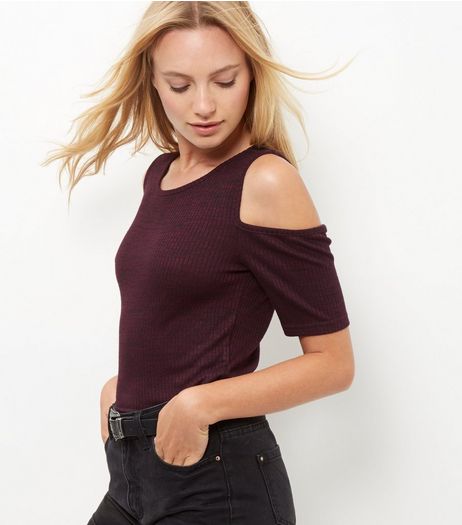 Burgundy Fine Knit Cold Shoulder Top | New Look
