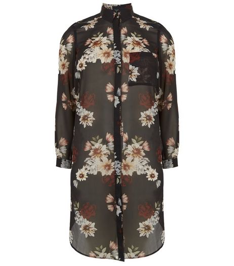 Curves Black Floral Print Chiffon Shirt | New Look