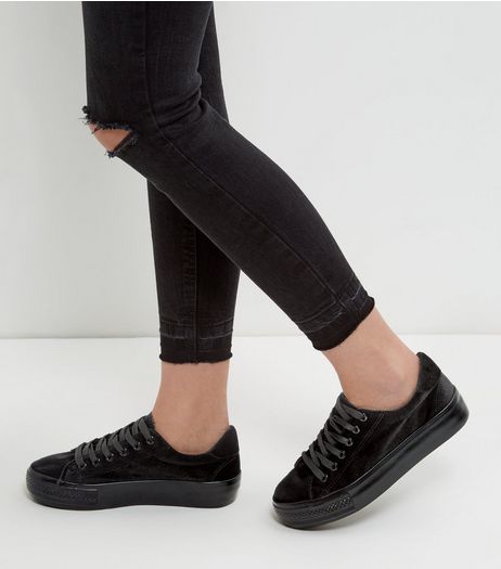 Black Velvet Flatform Plimsolls | New Look