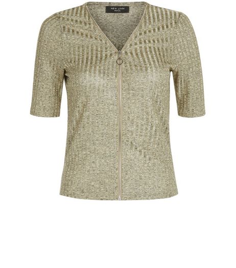 Petite Gold Ribbed Zip Front Top | New Look