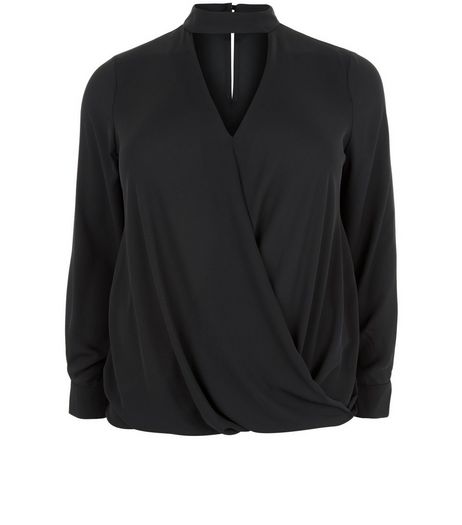 Curves Black Choker Wrap Front Long Sleeve Blouse | New Look