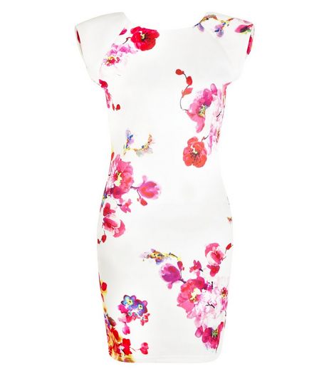 AX Paris Cream Floral Print Cap Sleeve Bodycon Dress | New Look
