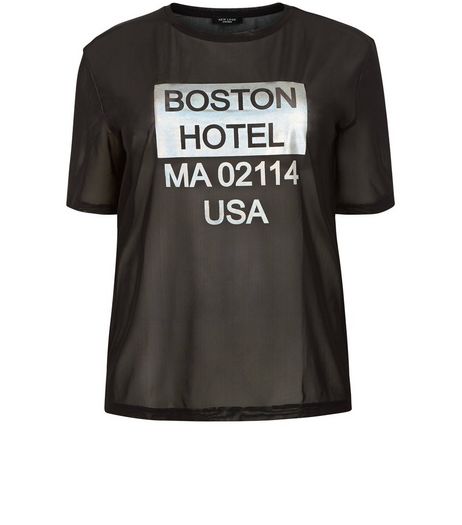 Curves Black Mesh Foil Boston Print T-shirt | New Look