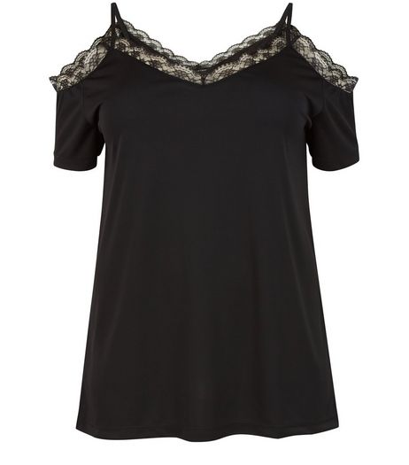 Curves Black Lace Trim Cold Shoulder Top | New Look