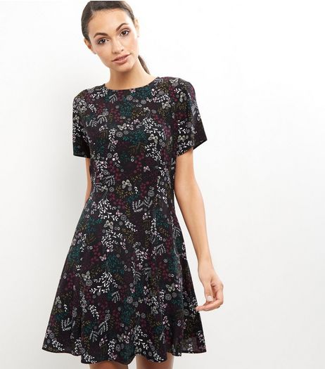 Black Floral Print Short Sleeve Dress | New Look