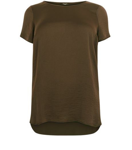 Curves Olive Green Sateen Dip Hem T-shirt | New Look
