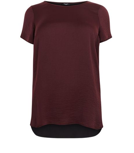 Curves Burgundy Sateen Dip Hem T-shirt | New Look