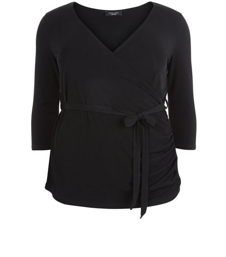 Curves Black Wrap Tie Waist Top | New Look