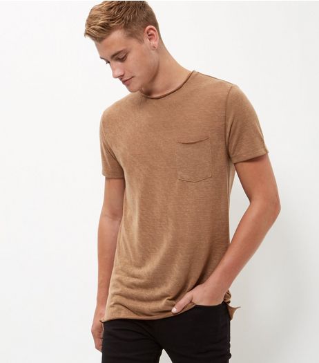Camel Single Pocket Raw Hem Longline T-Shirt | New Look