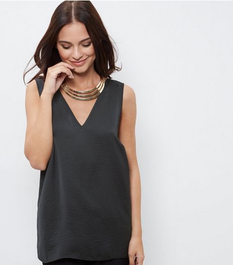 Black Sateen V Neck Sleeveless Top | New Look