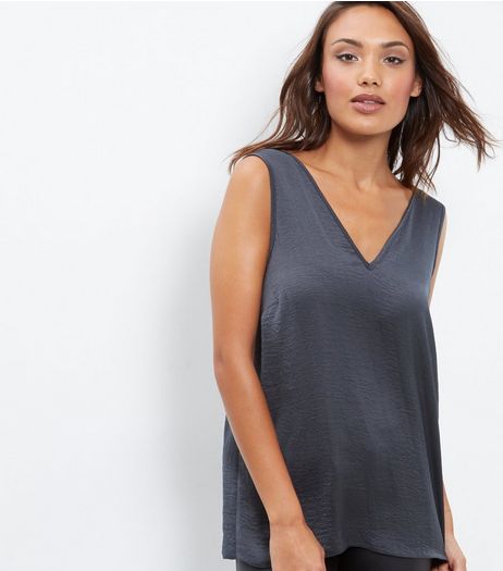 Dark Grey Sateen V Neck Sleeveless Top | New Look