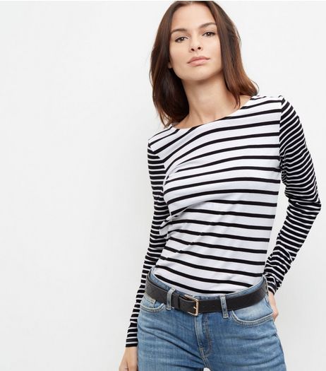 Black Stripe Print Long Sleeve Crew Neck Top | New Look
