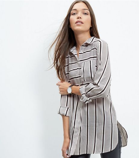 Tall White Stripe Split Side Long Sleeve Shirt | New Look