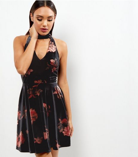 Black Velvet Floral Print Choker Neck Skater Dress | New Look