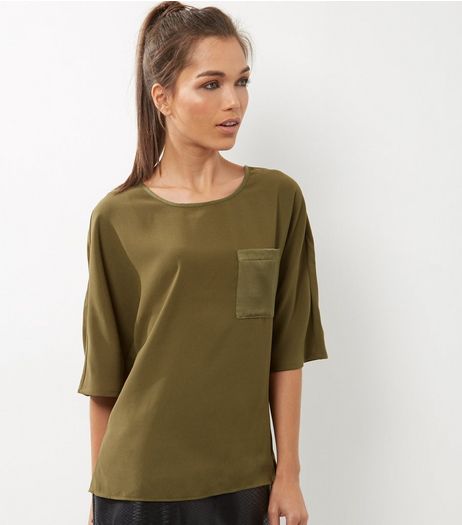 Tall Olive Sateen Single Pocket Front T-Shirt | New Look