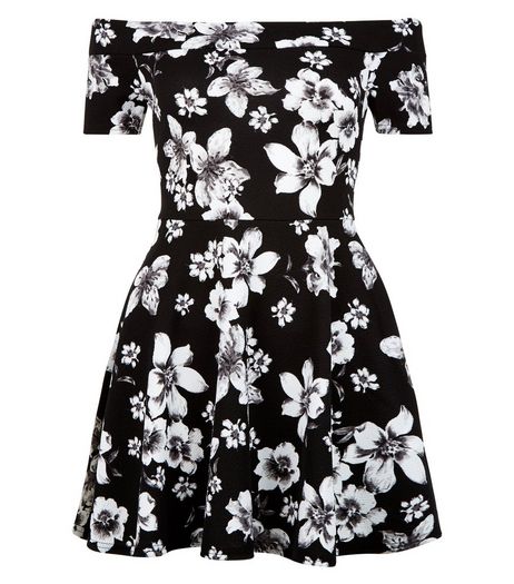 Teens Black Floral Print Bardot Neck Skater Dress | New Look