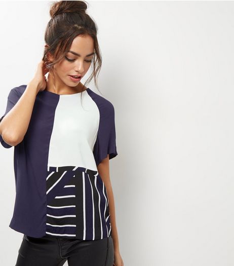 Blue Colour Block T-Shirt | New Look